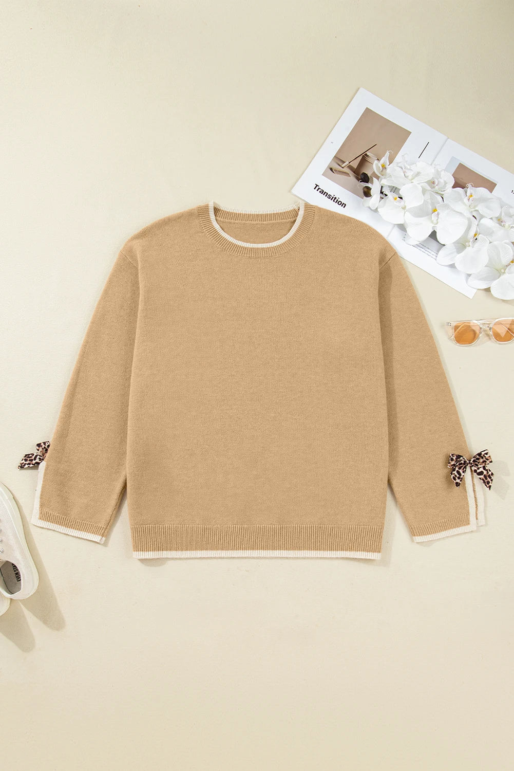 Tan Plus Size Leopard Bow Decor Split Cuffs Loose Sweater