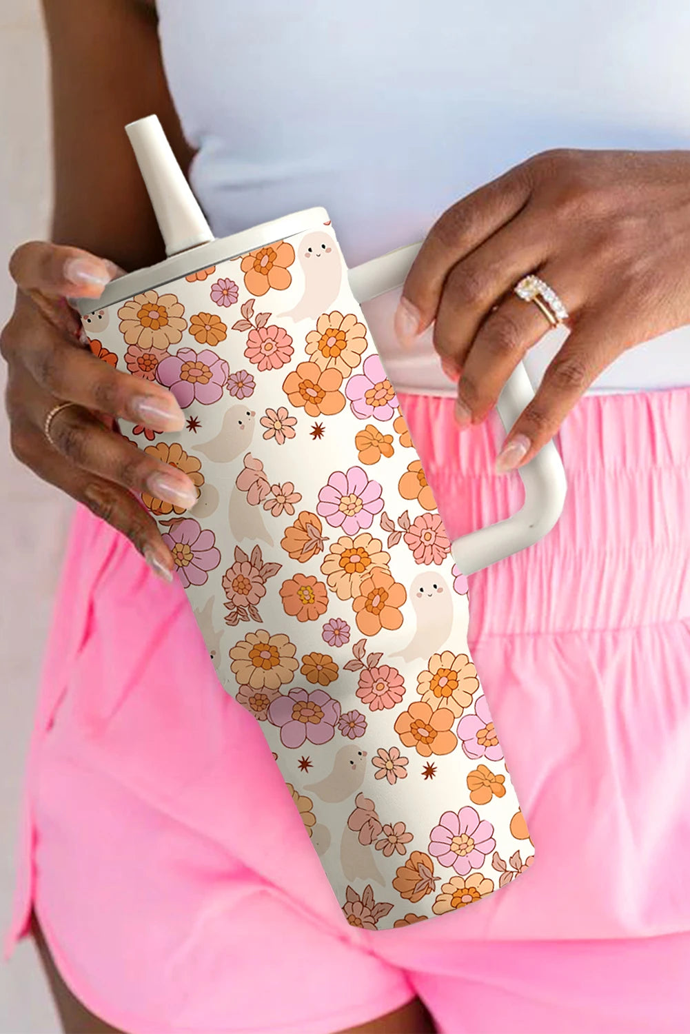 White Cute Floral Ghost Printed Flip Straw Stainless Steel Tumbler