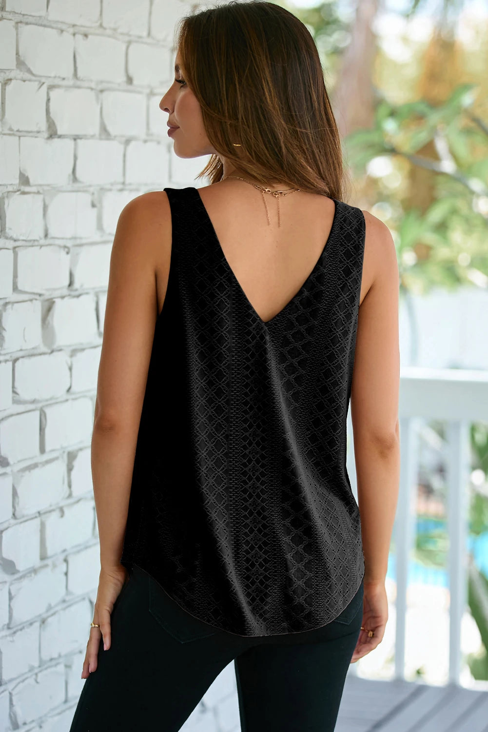 Eyelet Knit Patterned Loose V Neck Tank Top