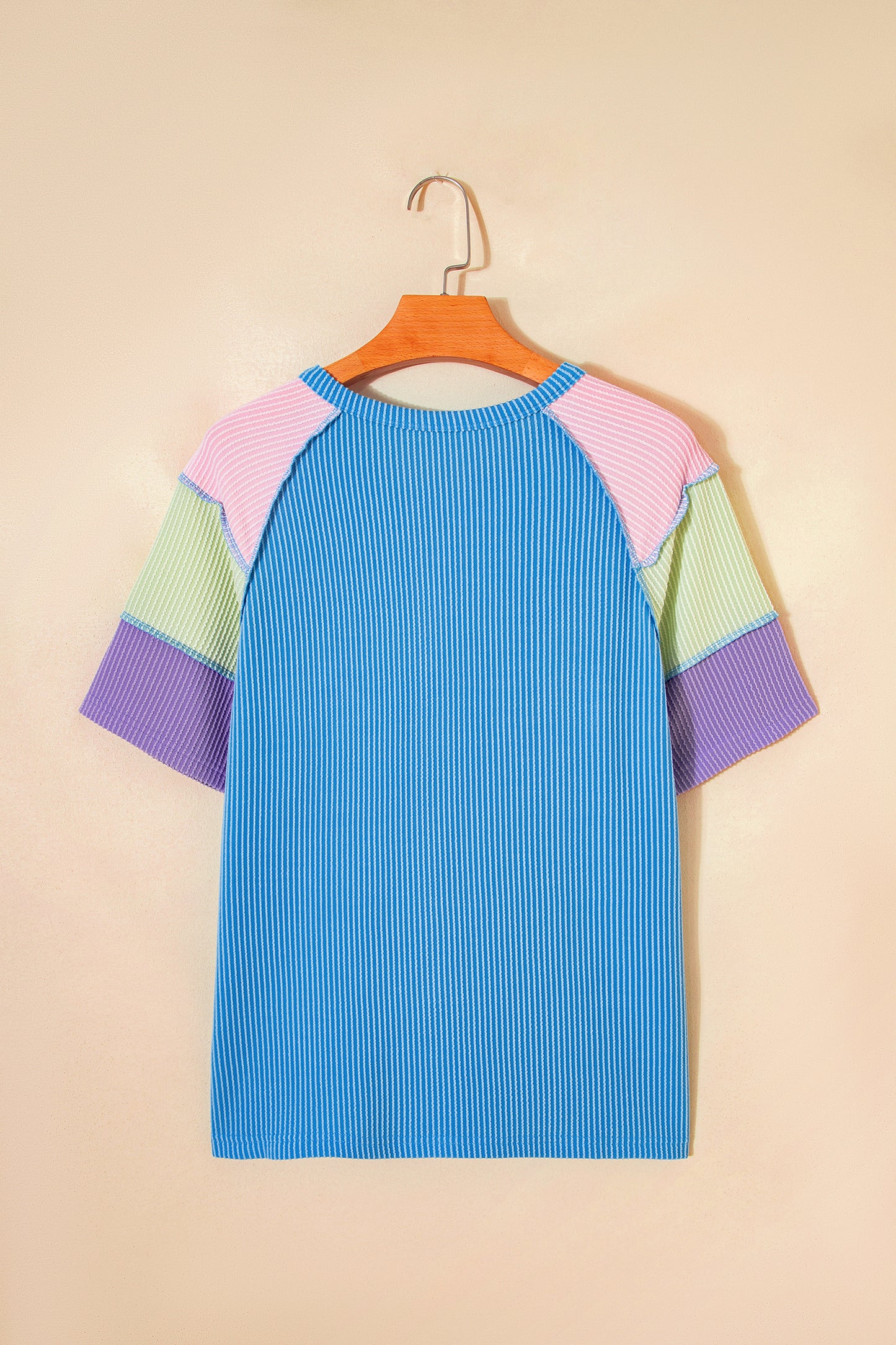 Bright Pink Twisted Ribbed Color Block Patchwork Henley Short Sleeve T Shirt