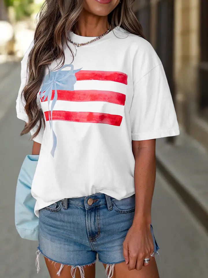 Light Pink Flag Bow Graphic Crewneck Tee