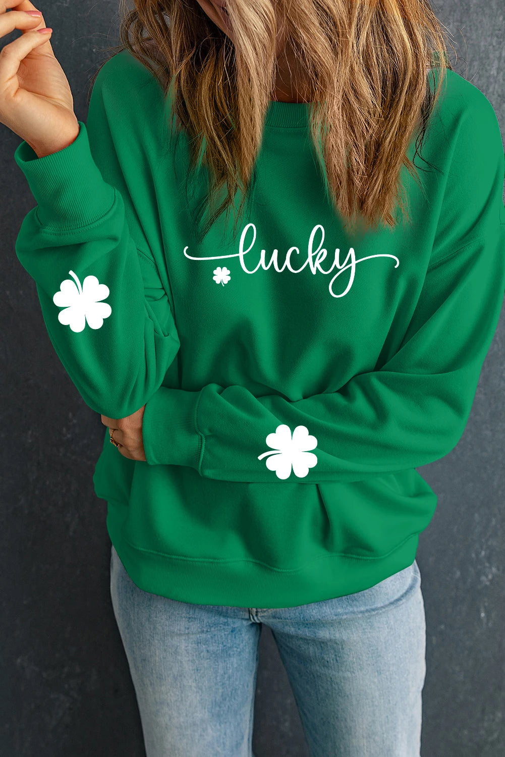 Dark Green Lucky Four Leaf Clover Graphic St Patricks Pullover Sweatshirt