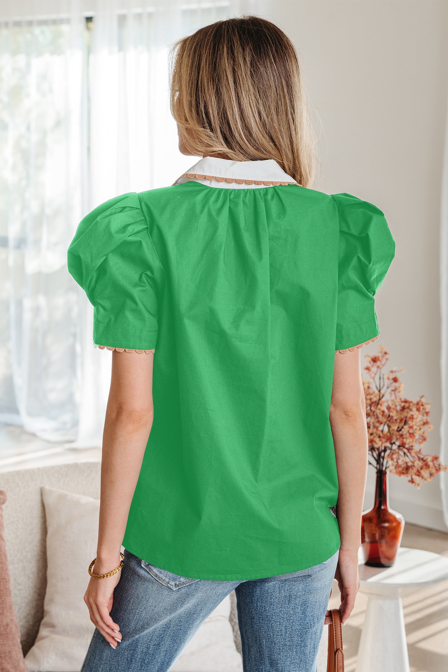 Black Ricrac Trim Color Block Patchwork Shirt Collar Short Sleeve Blouse