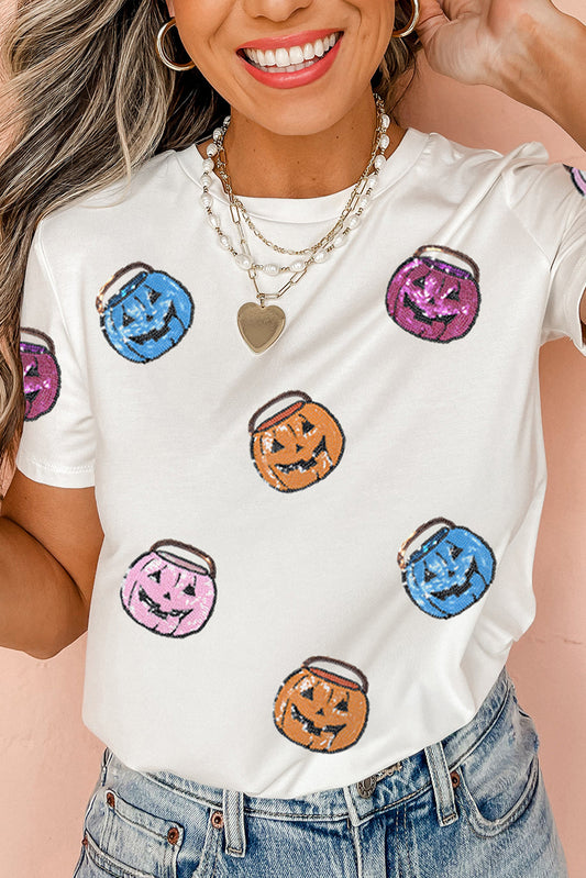 White Sequin Pumpkin Face Patched Crew Neck Holiday T Shirt