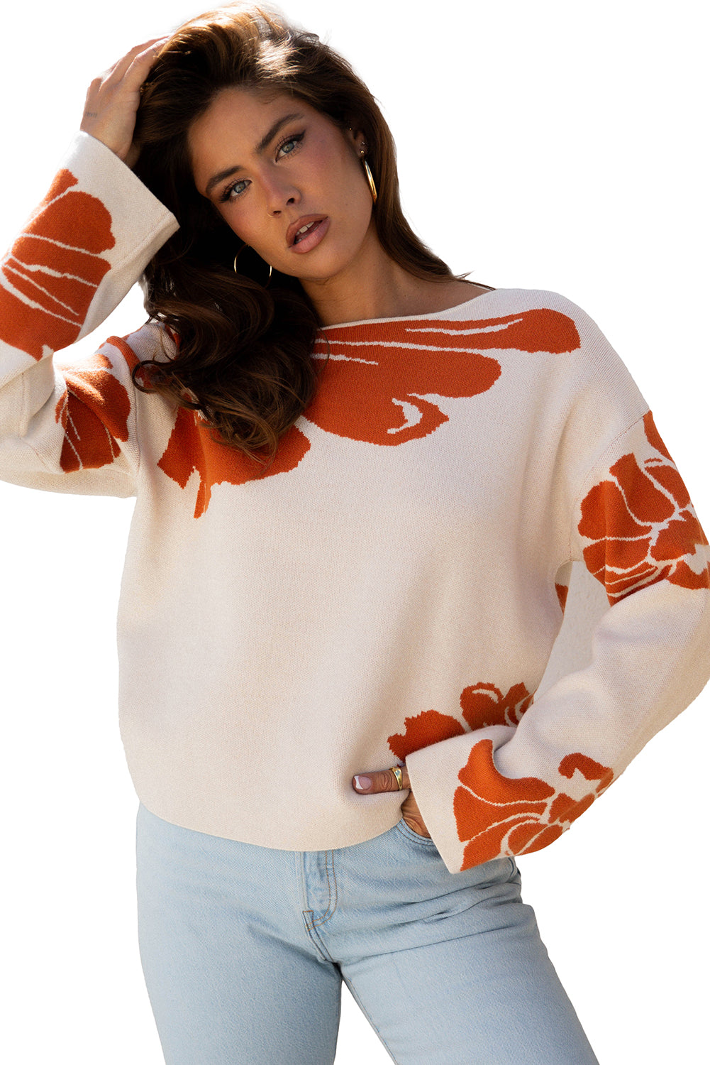 Beige Bold Flower Pattern Wide Sleeve Baggy Sweater