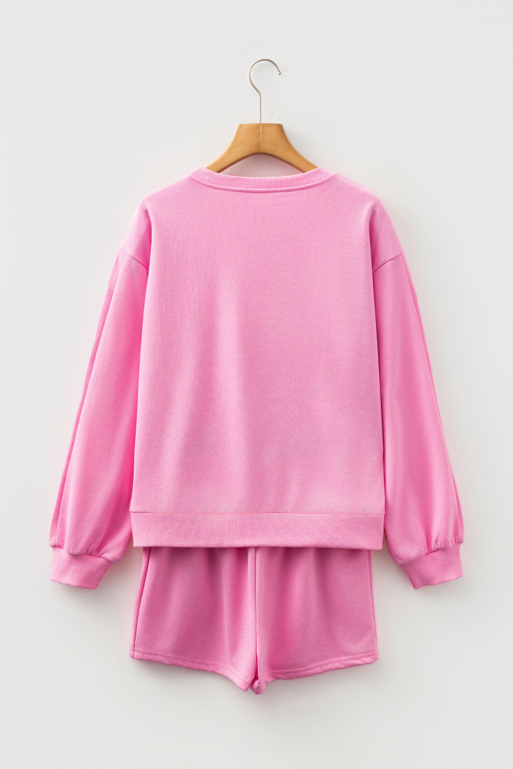 Light Grey Girly Bow Embroidered Detail Puff Sleeve Pullover 2pcs Short Set