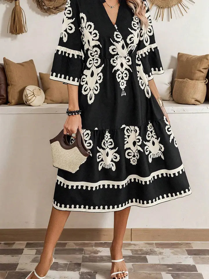 Beige Western Geometric Print 3/4 Sleeve Loose Midi Dress