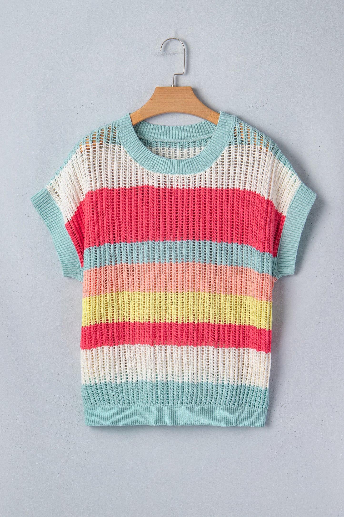 Green Stripe Color Block Hollow Out Knit Short Sleeve Sweater