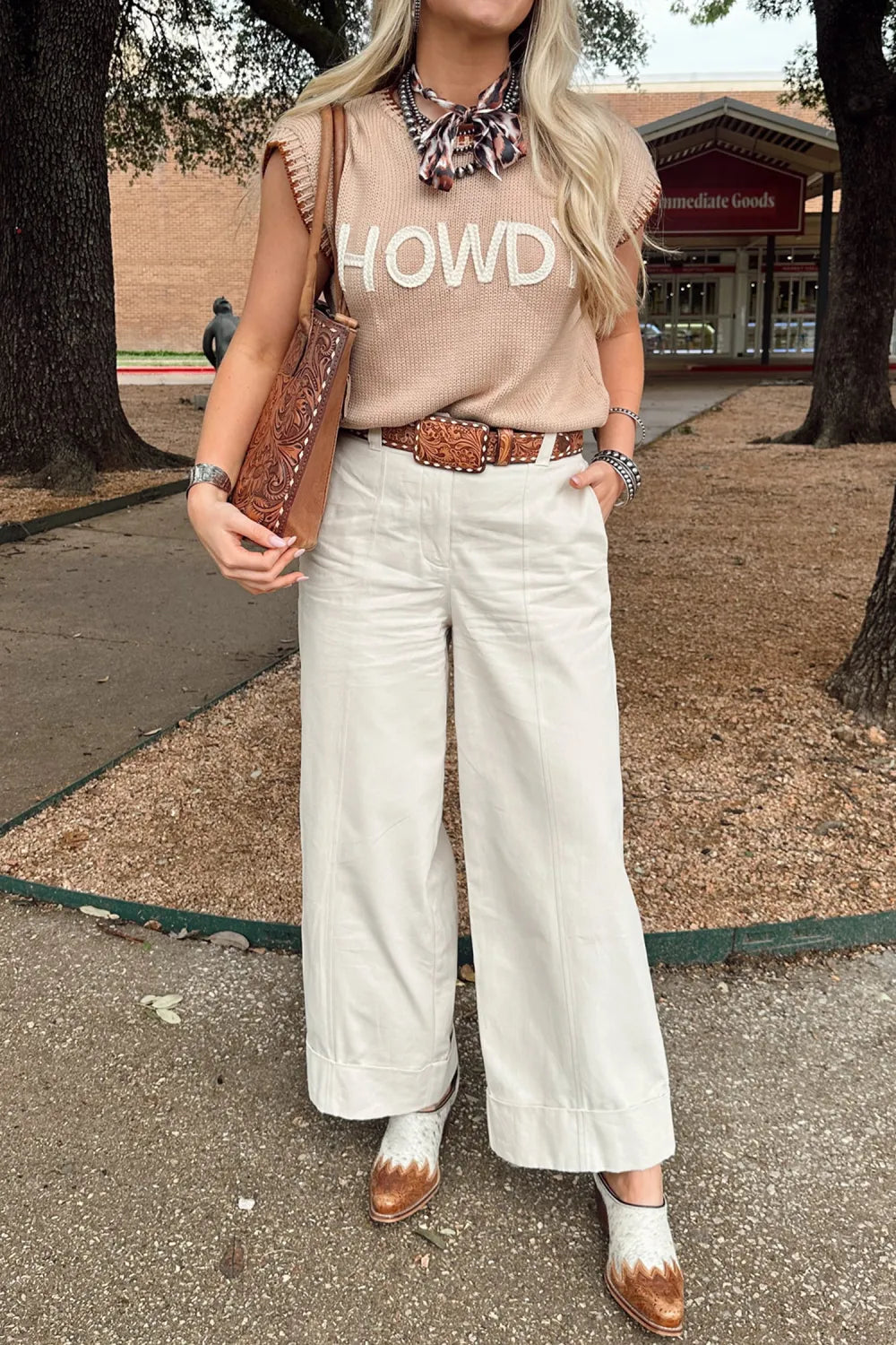 Parchment Contrast Trim Short Sleeve Knit HOWDY Western Sweater