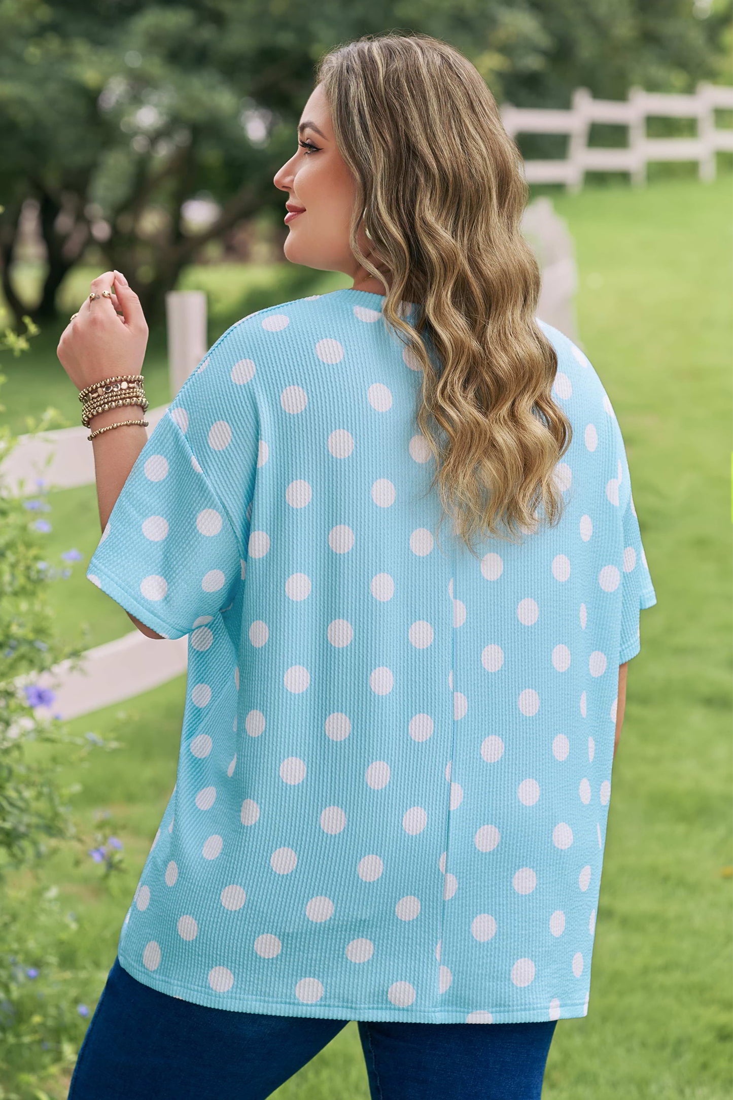 Polka Dot Waffle Knit Plus Size Pocket Top