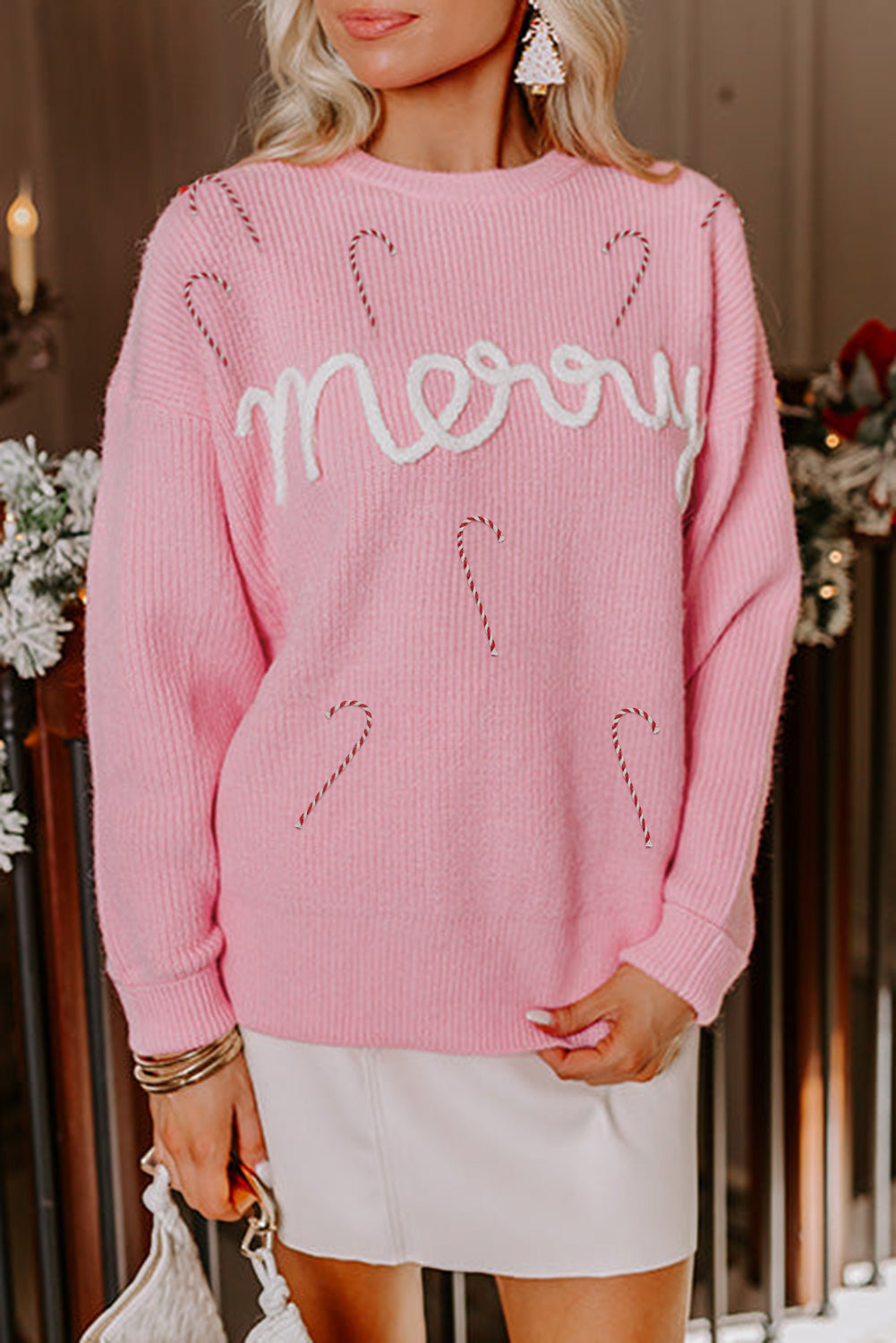 Pink Merry Candy Cane Puffy Knit Crew Neck Sweater