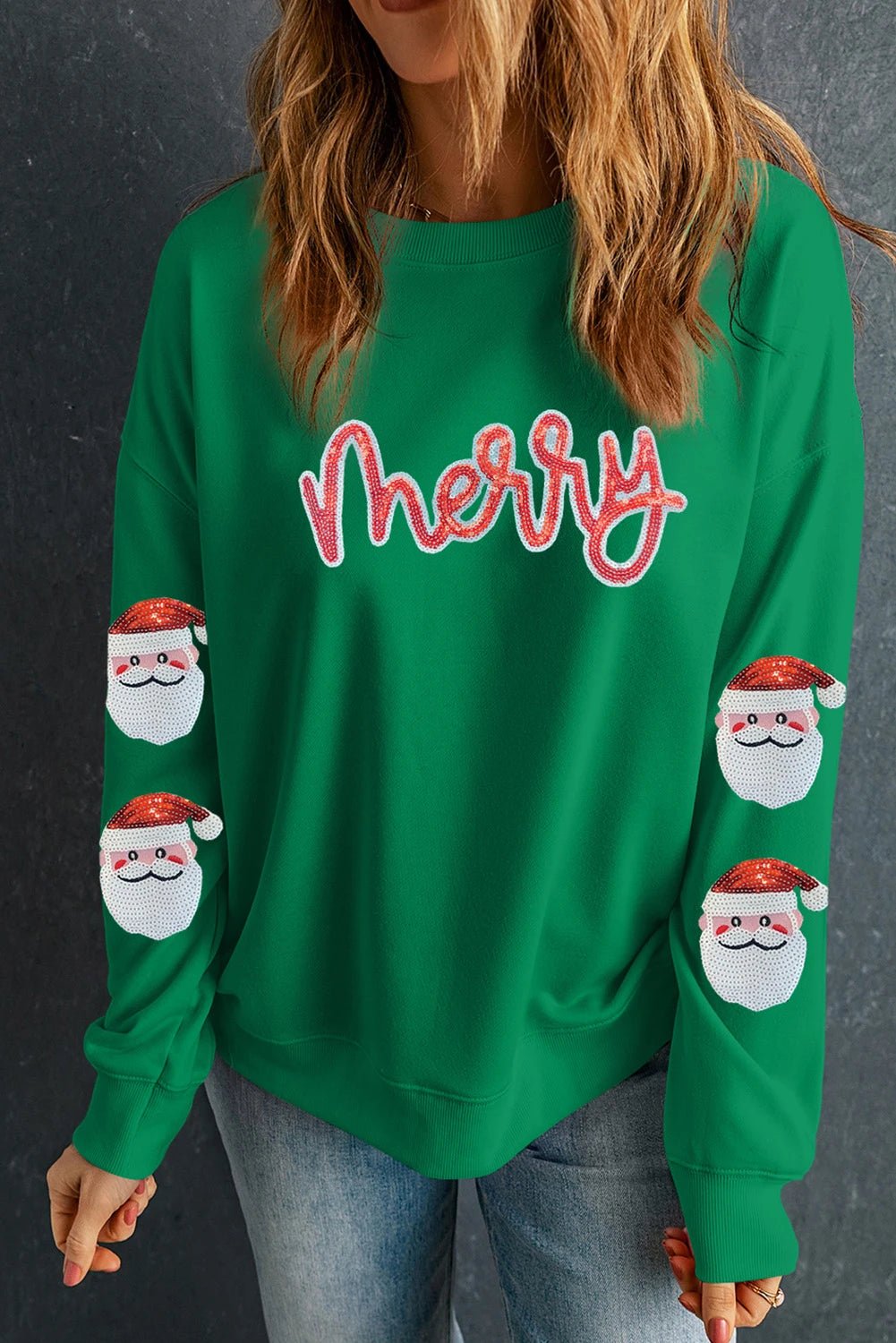 Dark Green Sequin Letter Graphic Father Christmas Patched Sleeve Drop Shoulder Sweatshirt