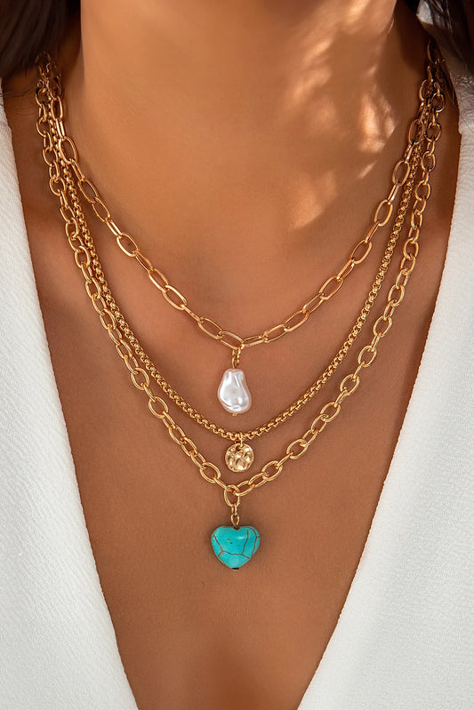 Gold Plated Baroque Pearl Turquoise Heart 3pcs Necklace Set