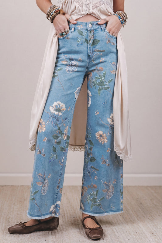 Sky Blue Retro Floral Print Frayed Hem Shift Jeans