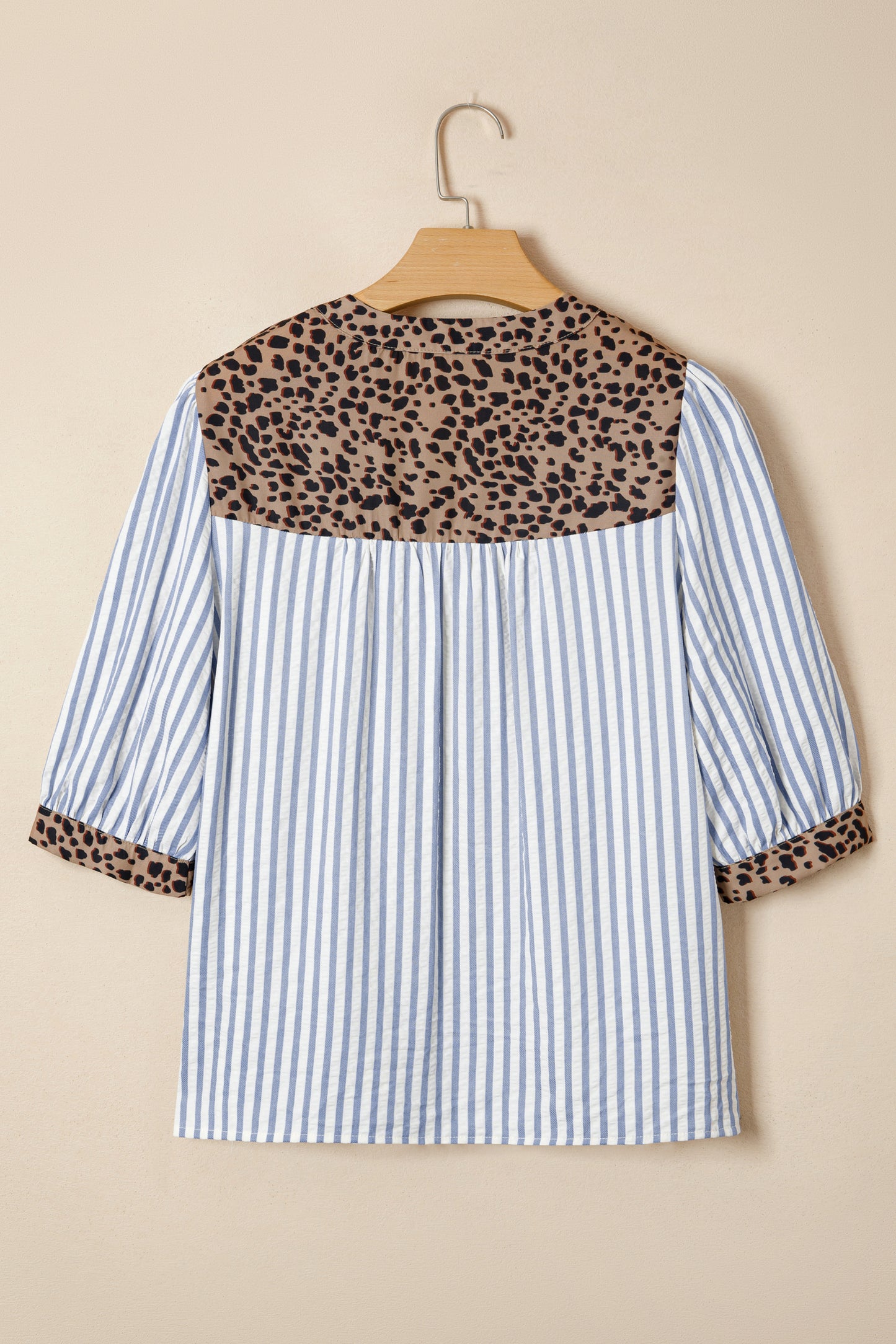 Pink Stripe Leopard Trim V Neck Button Down Half Sleeve Shirt
