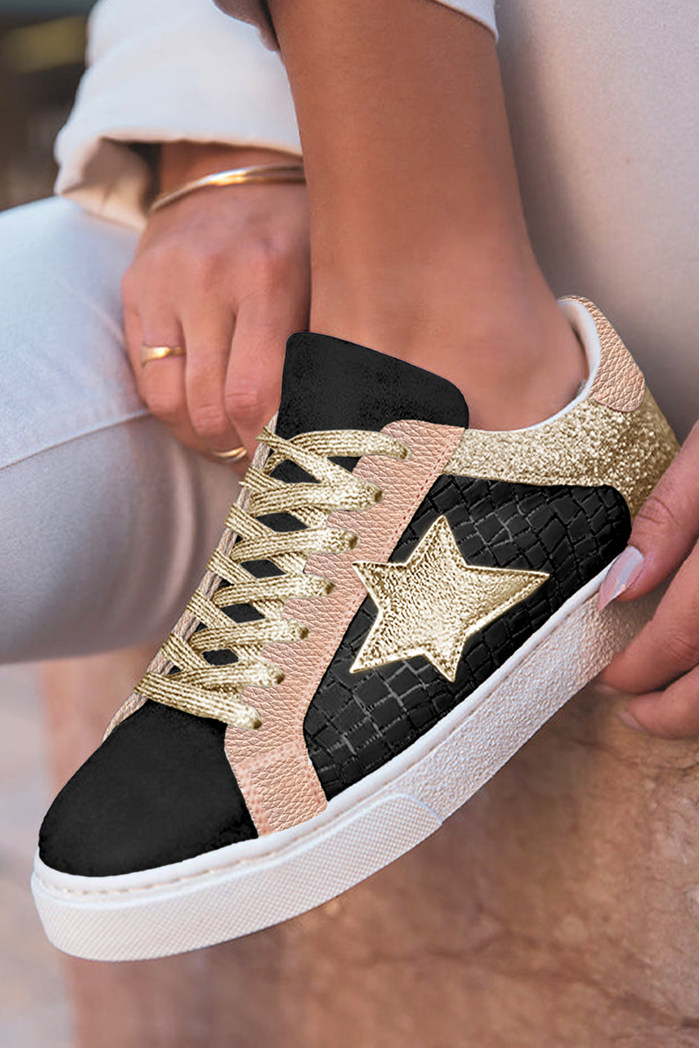 Gold Glitter Star Patchwork PU Leather Lace-up Sneakers
