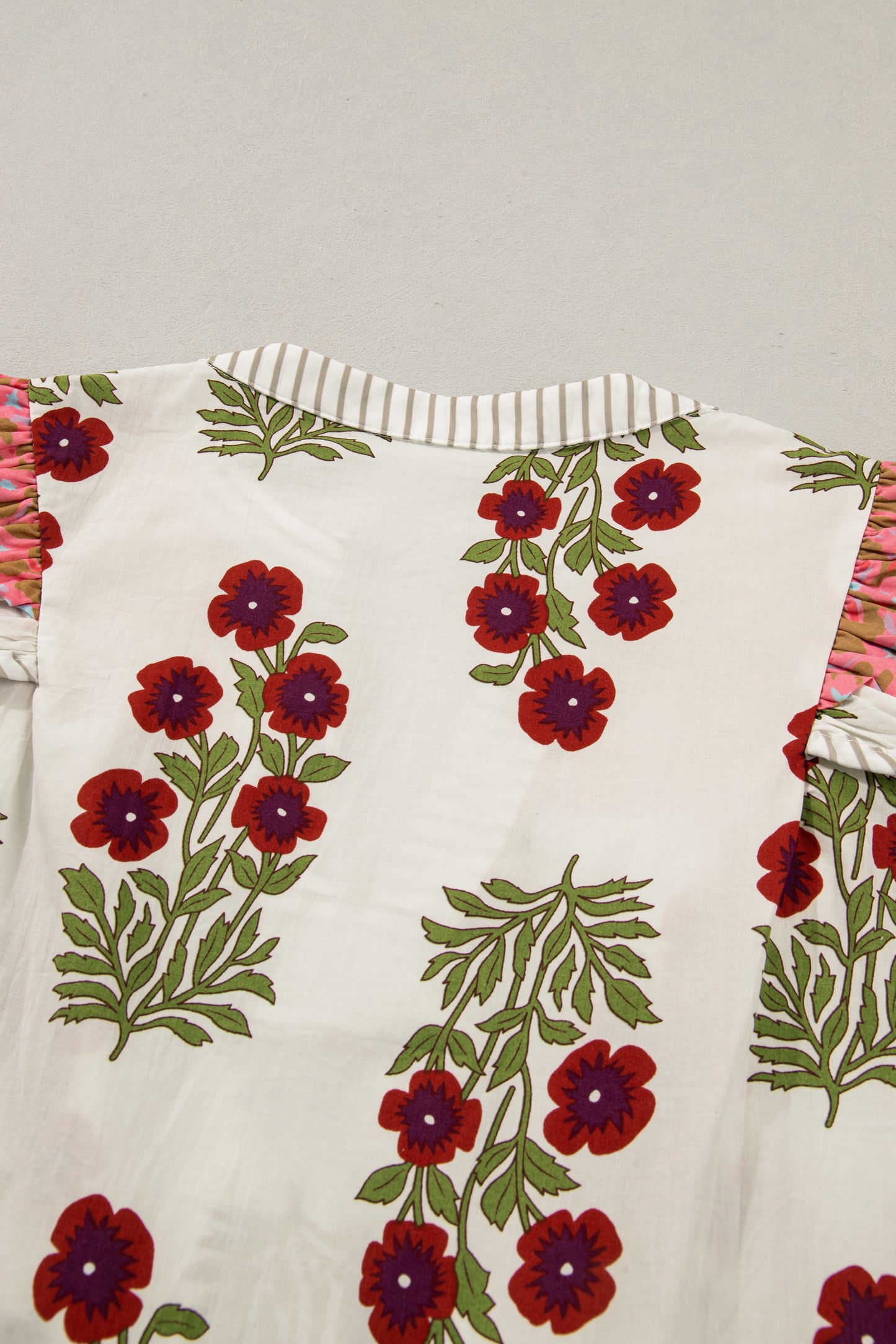 White Floral Print Contrast Striped Trim Flutter Cotton Blouse