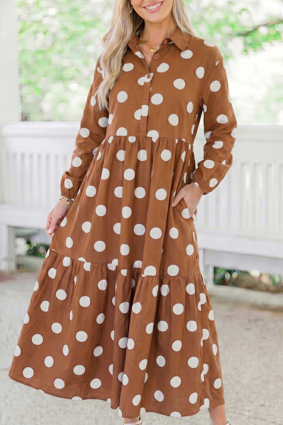 Apricot Polka Dot Button Front Long Sleeve Shift Dress