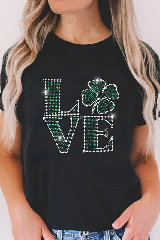 Black Clover LOVE Rhinestone Graphic St Patricks Day T Shirt