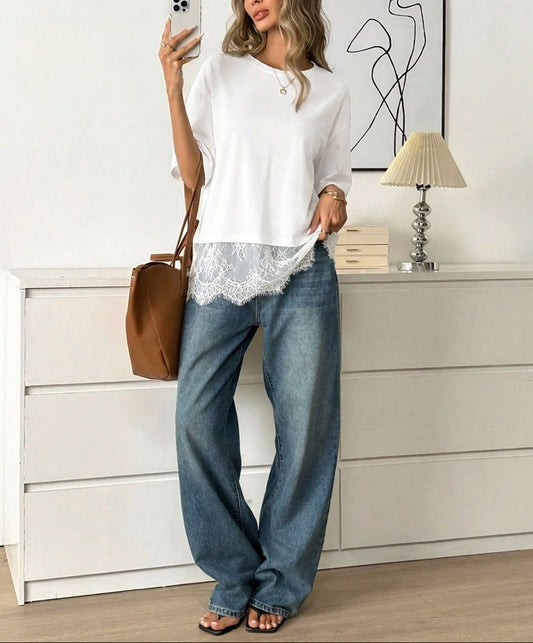 Women Lace Hem Loose Short Sleeve T Shirt