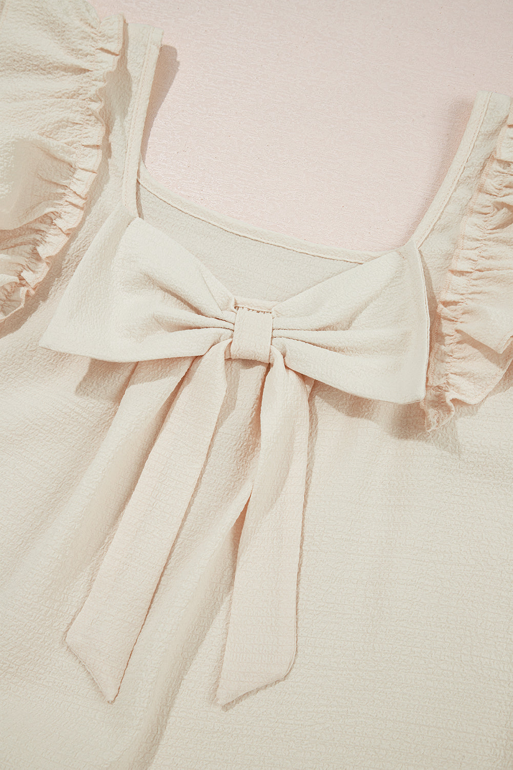 Gossamer Pink Textured Bow Knot Frilled Butterfly Sleeve Blouse