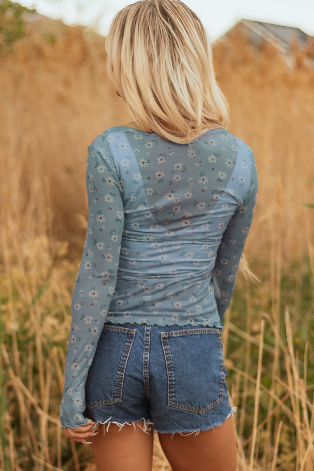 Laurel Green Vintage Floral Print Southern Style Mesh Long Sleeve Top