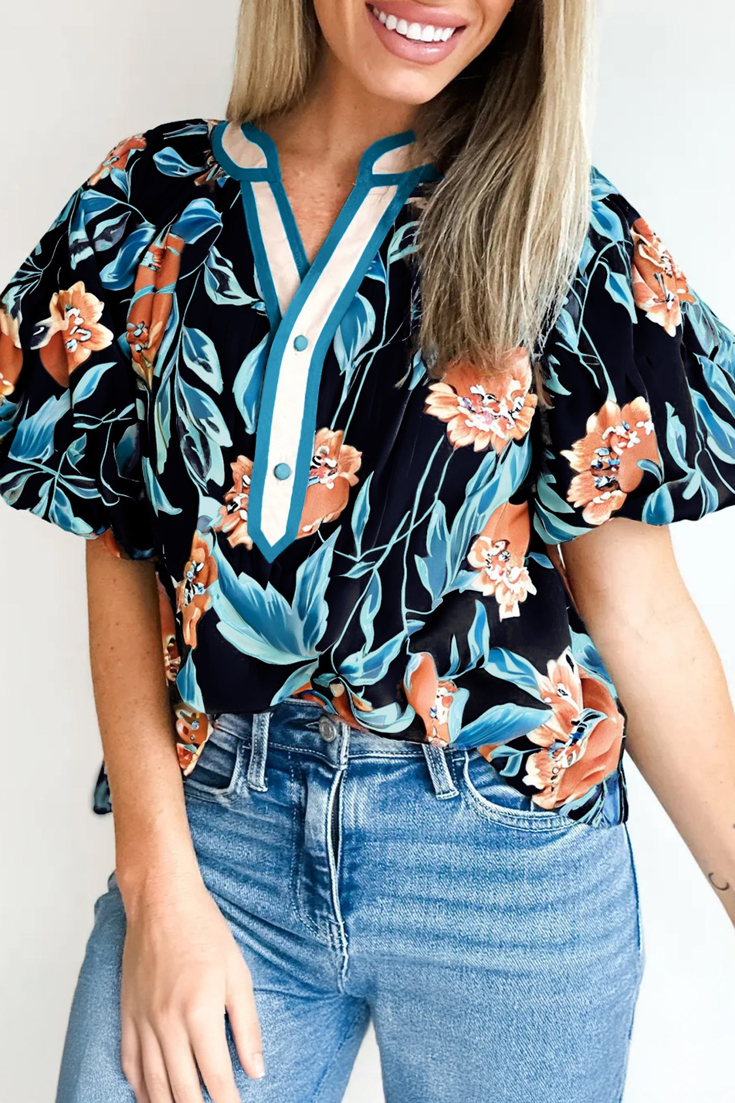 Floral V Neck Blouse Tropical Boutique Puff Top
