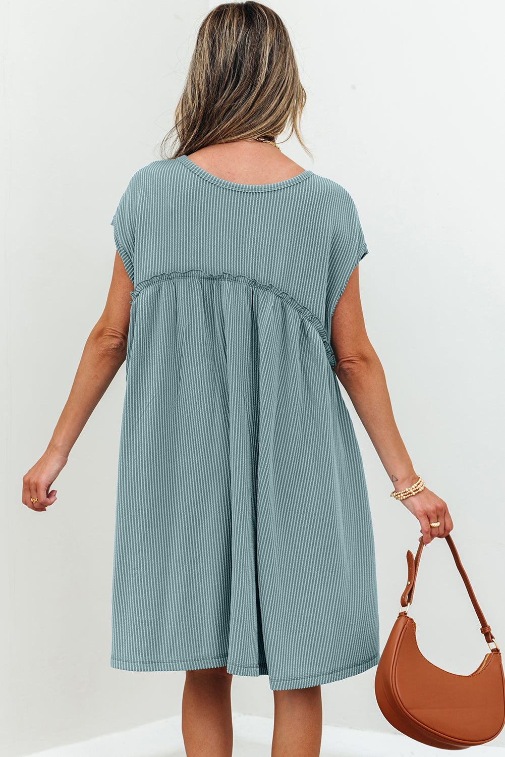 Dusty Pink Corded Knit Textured Patched Pocket Frilled Swing Mini Dress with Pockets