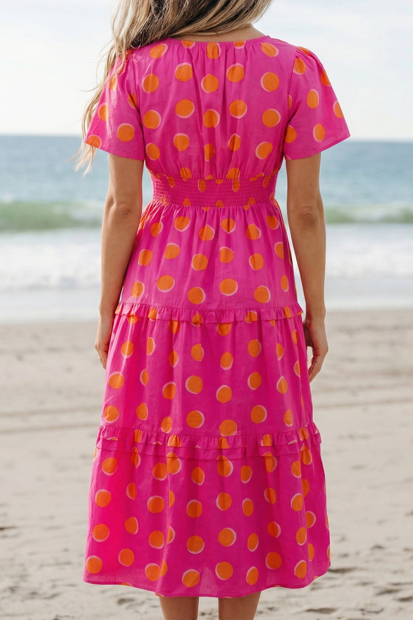 Polka Dot Midi Dress V Neck Smocked Summer Dress