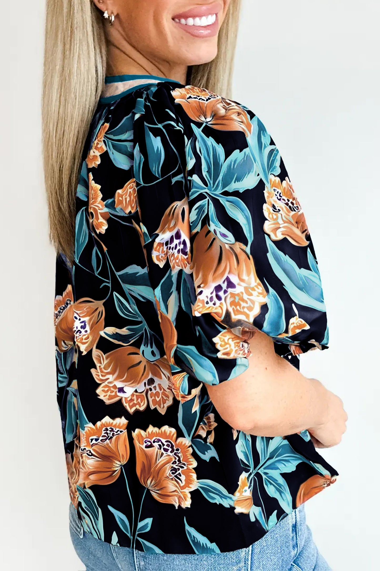 Floral V Neck Blouse Tropical Boutique Puff Top
