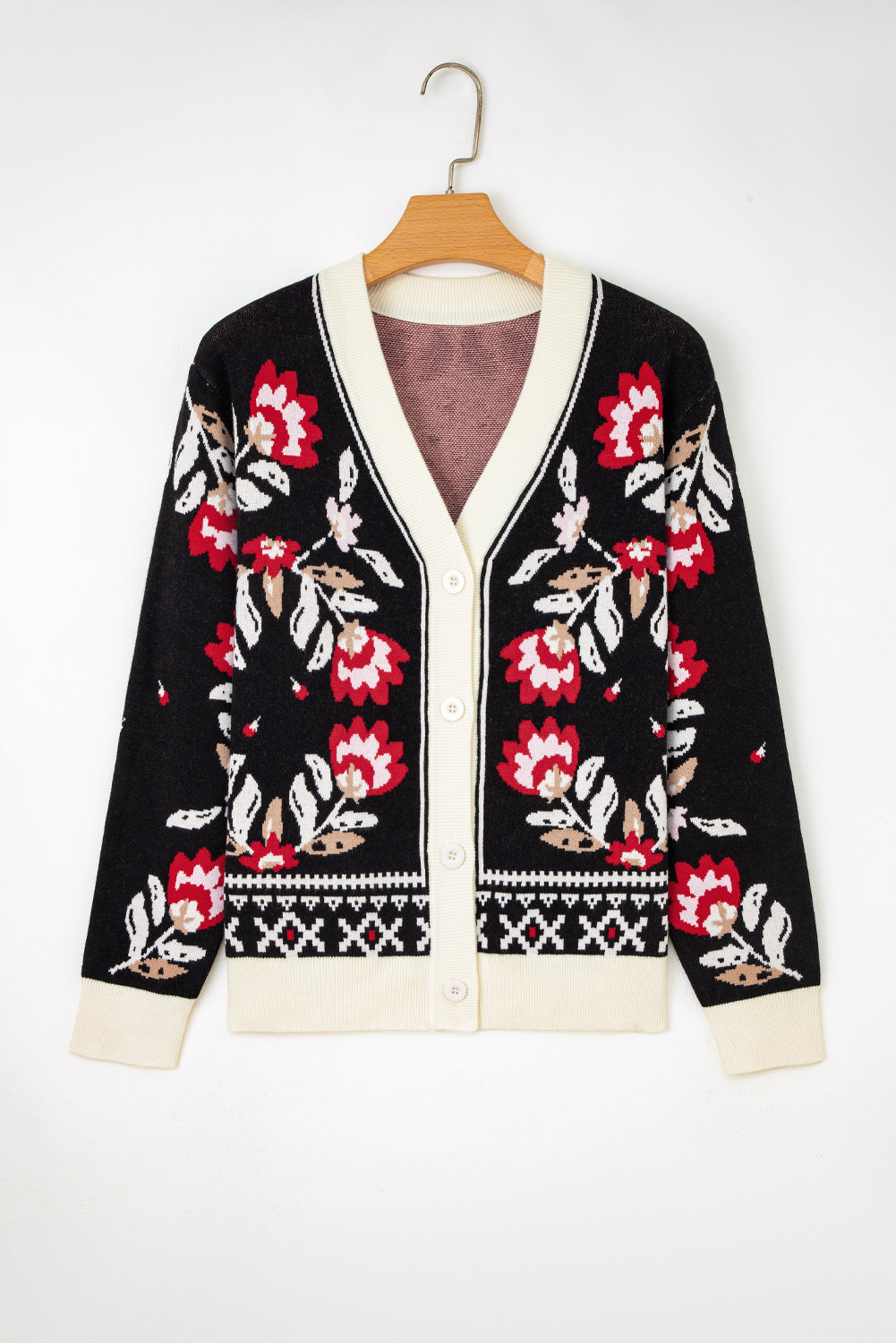 Beige Floral Print Buttoned Front V Neck Knit Cardigan