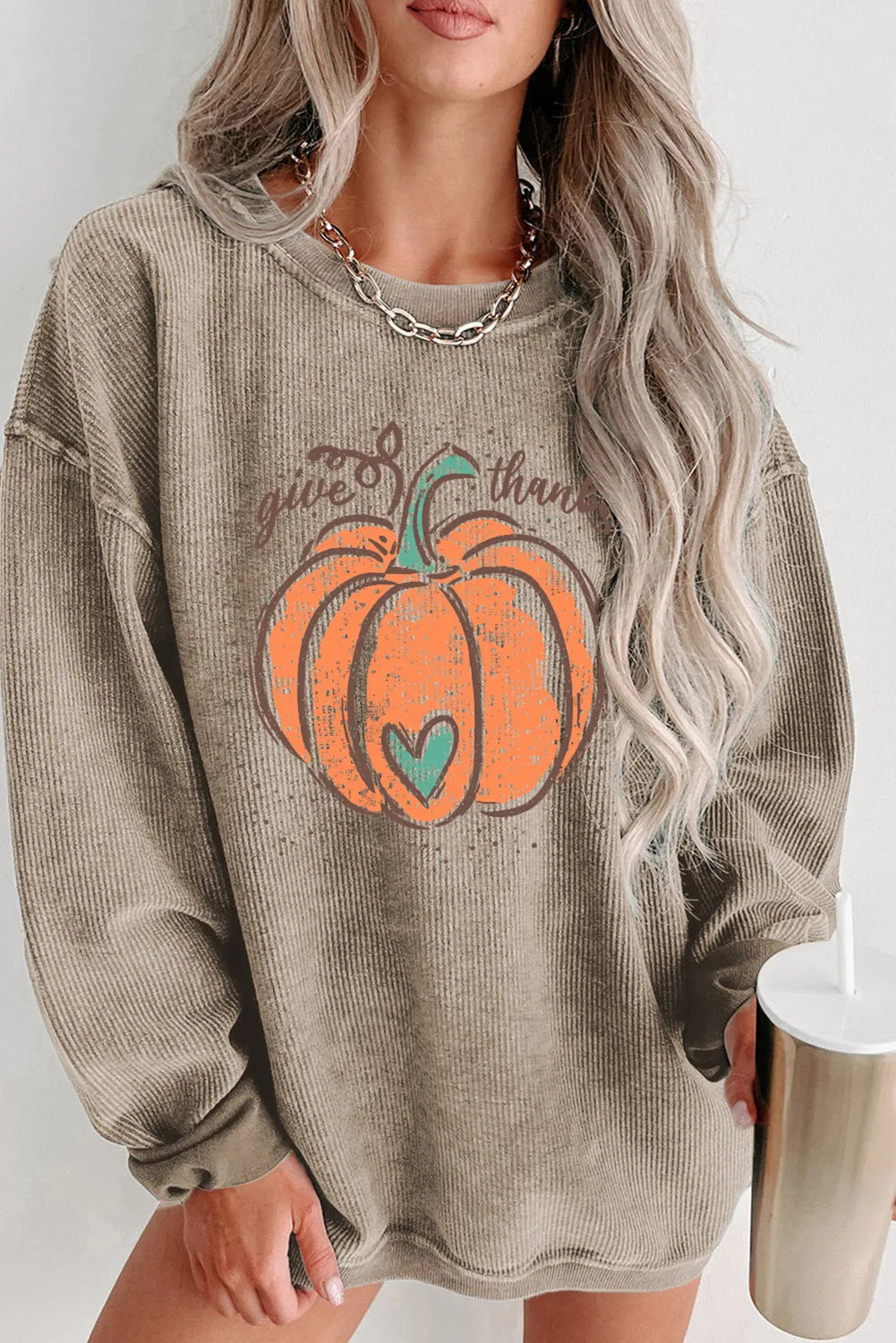 Khaki Give Thanks Pumpkin Graphic Corded Sweatshirt