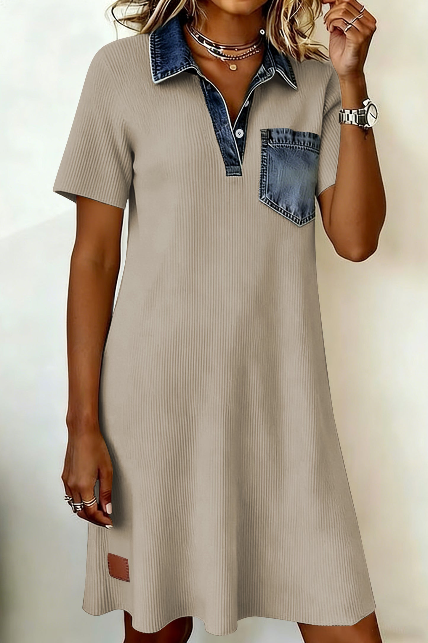 Patchwork Polyester T-Shirt Dress Pocket Shift Short