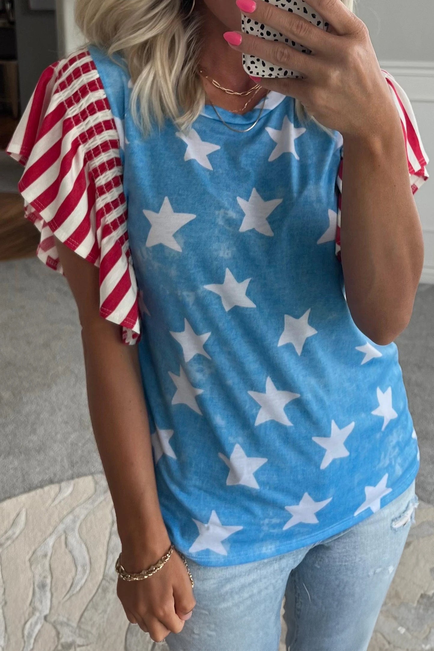 Sky Blue Vintage Star Print Striped Ruffle Sleeve Independence Day Top