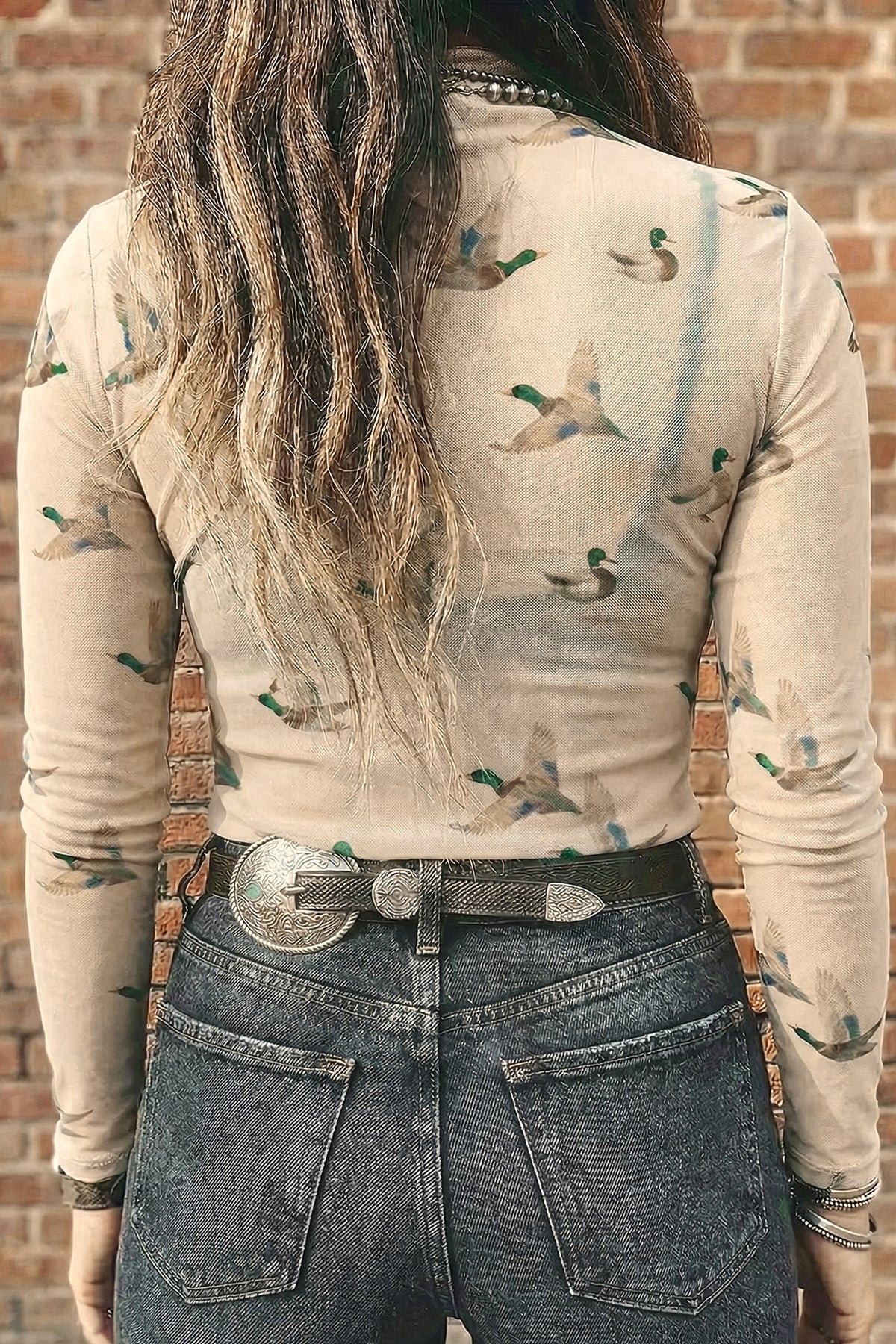Western Duck Print Mesh Top Western High Neck Fitted