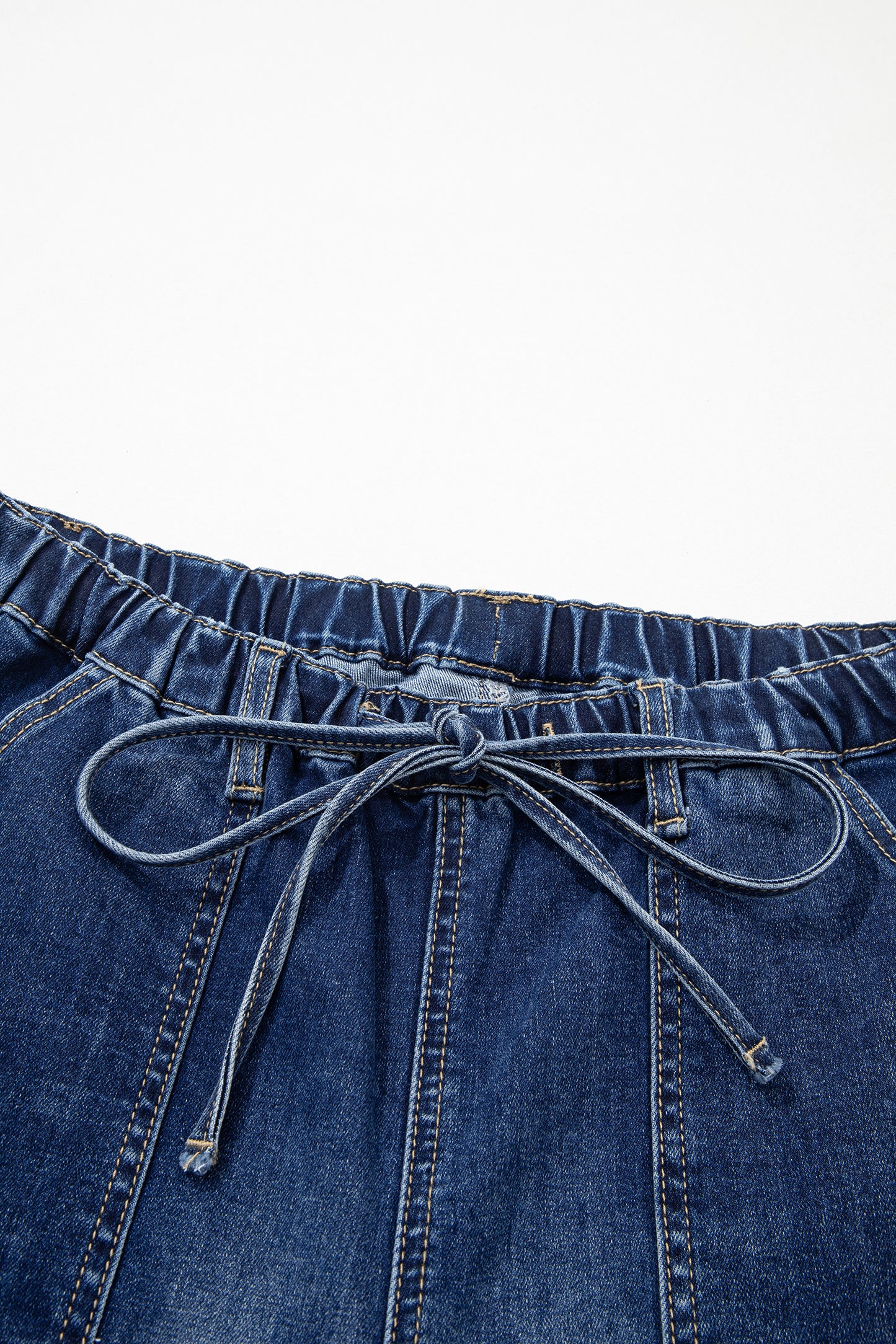 Beau Blue Drawstring Seam Detail Raw Hem Wide Leg Denim Pants