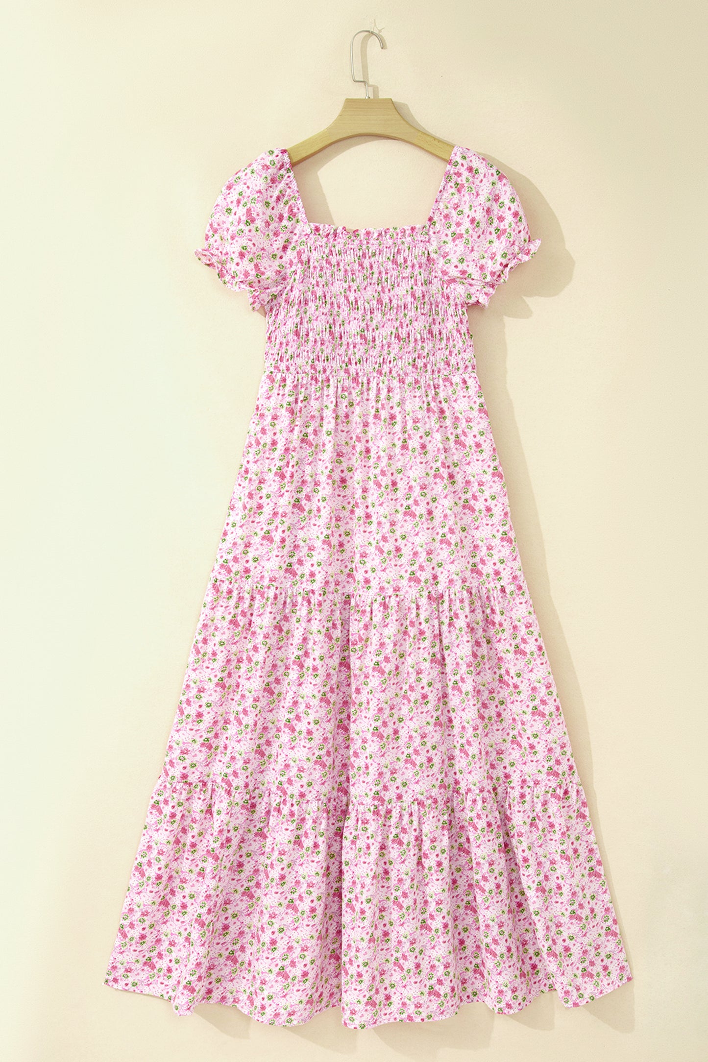 Green Floral Short Bubble Sleeve Shirred High Waist Maxi Dress