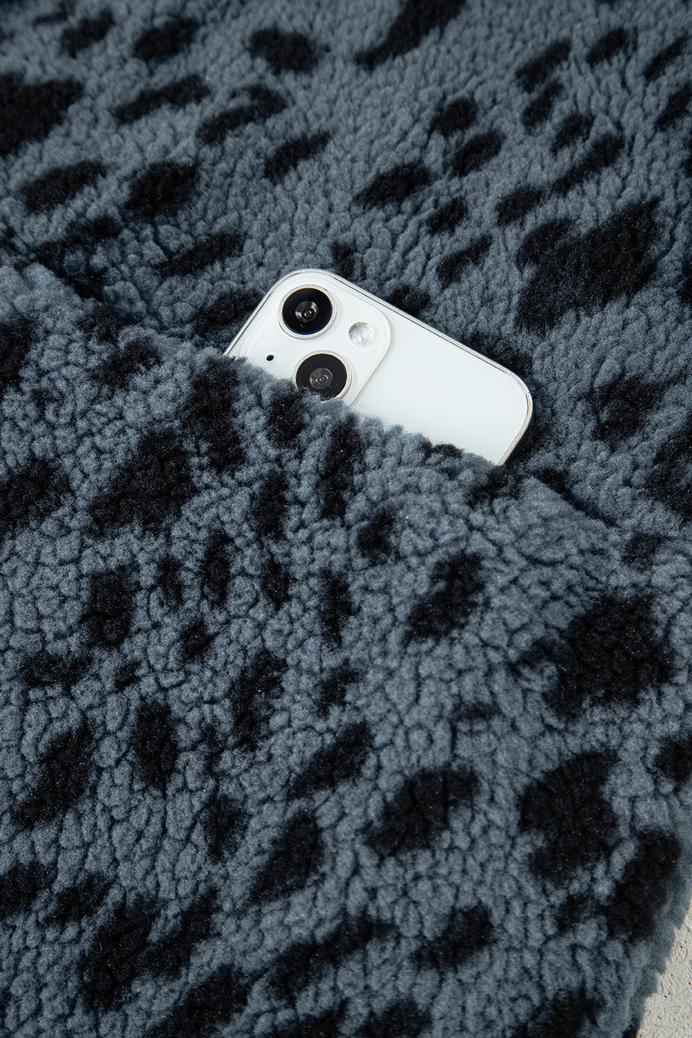 Cow Print Buttoned Stand Collar Fleece Jacket