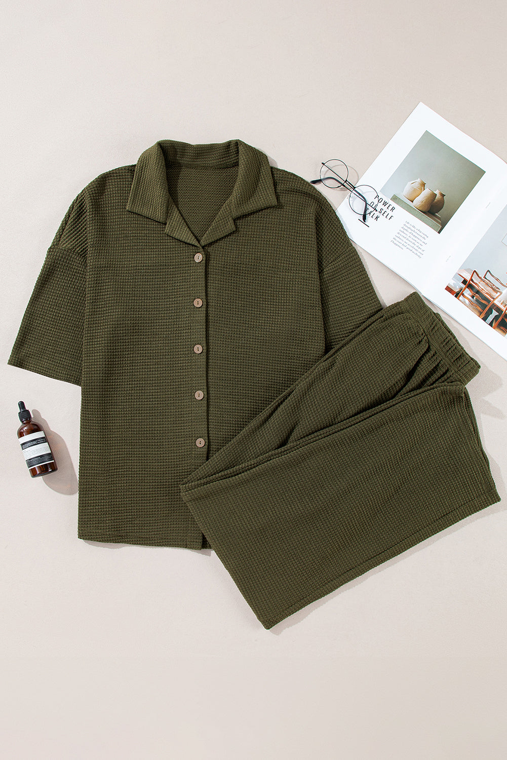 Black Solid Color Textured Buttoned Shirt and Casual Pants Set