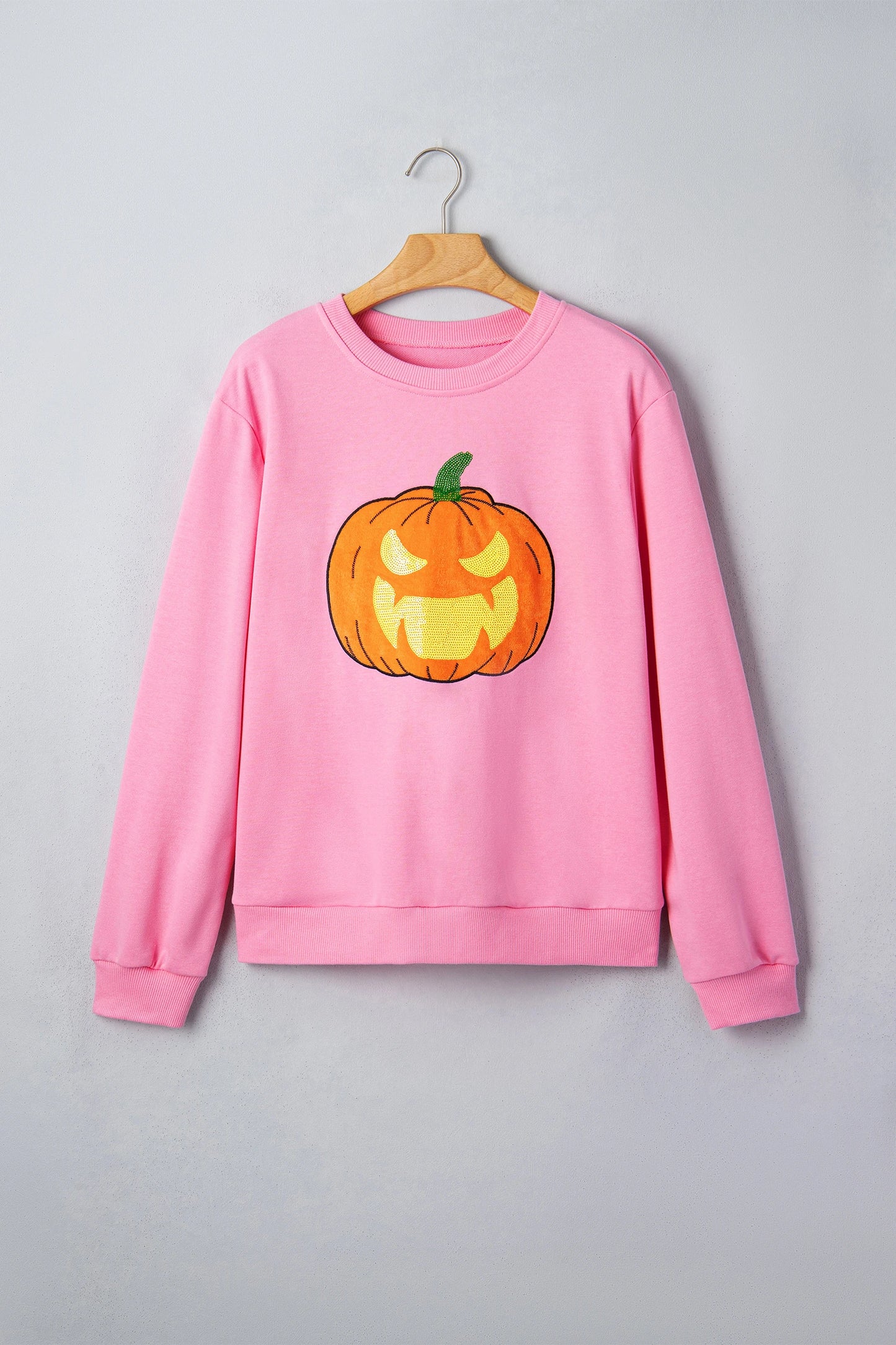 Pink Embroidered Pumpkin Face Long Sleeve Round Neck Sweatshirt