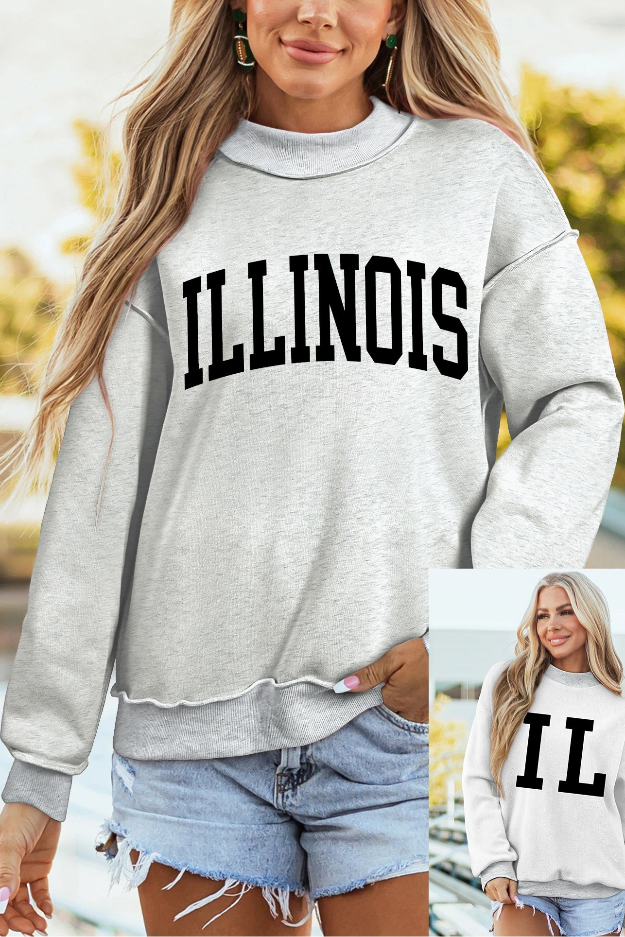 Light Grey ILLINOIS/ IL Double Side Printed Mock Neck Reversible Sweatshirt