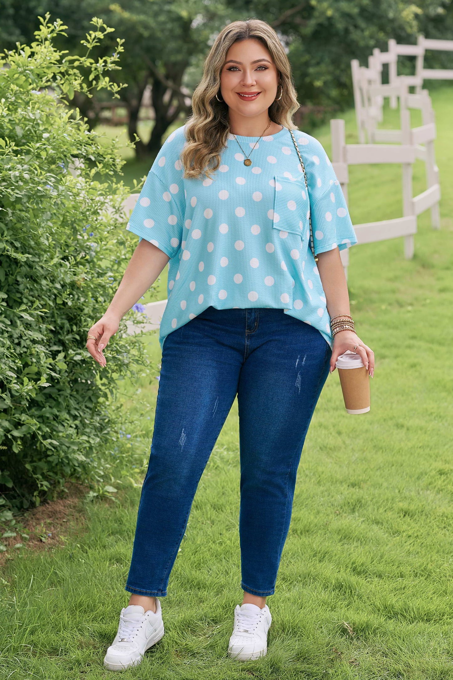 Polka Dot Waffle Knit Plus Size Pocket Top