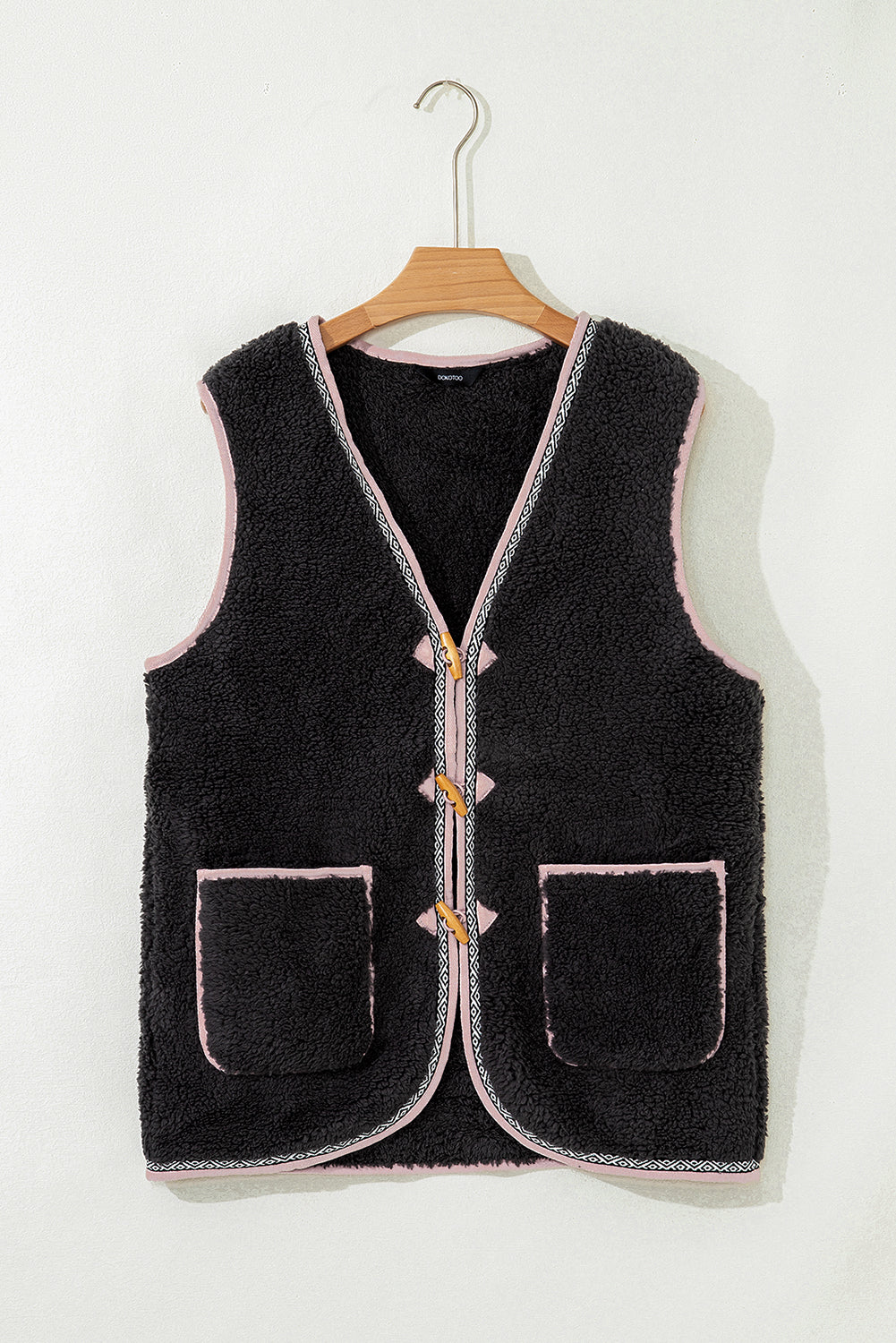 White Sherpa Contrast Trim Patch Pocket Cartridge Toggle Button Vest