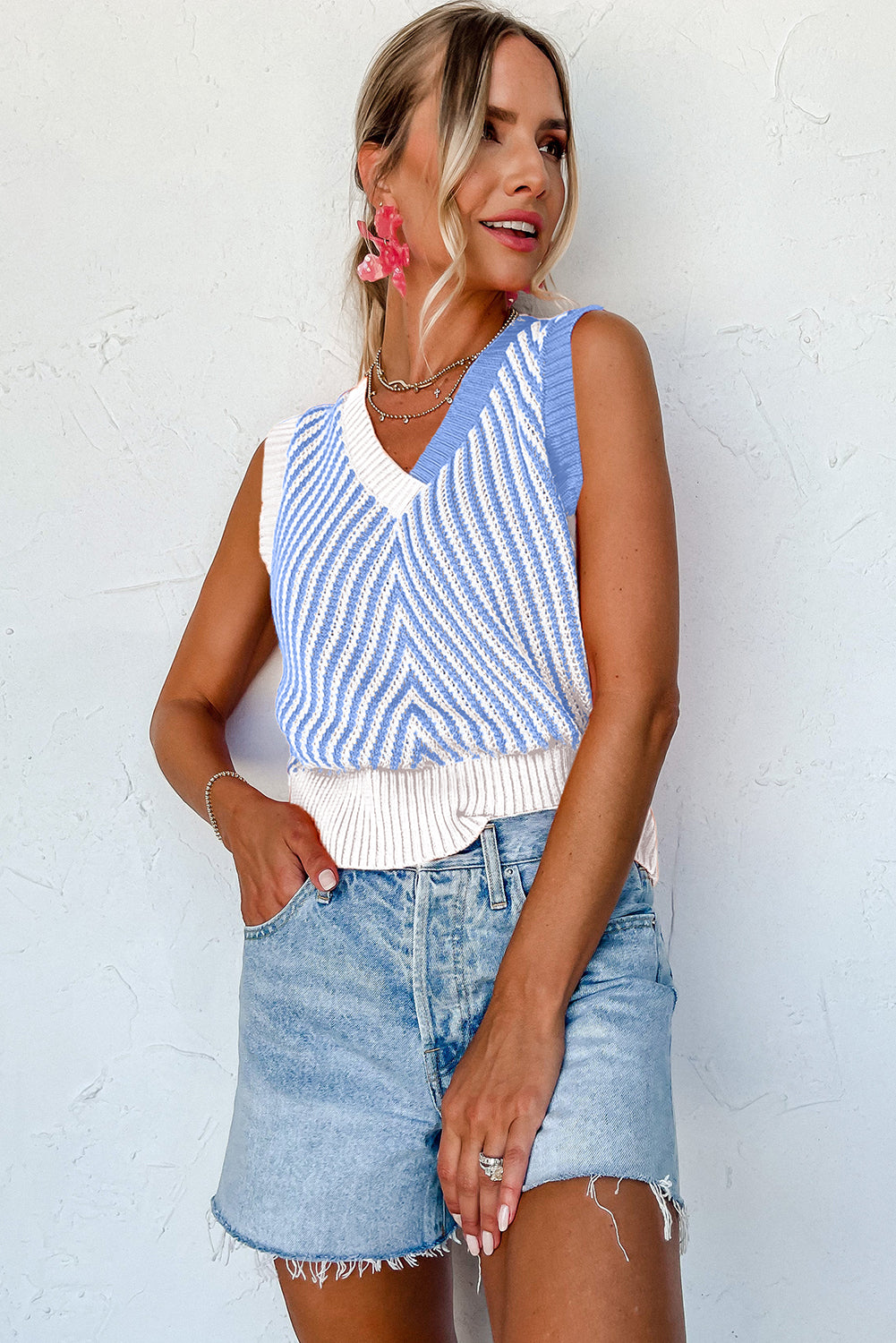 Light Pink Contrast Chevron Knit V Neck Sweater Vest