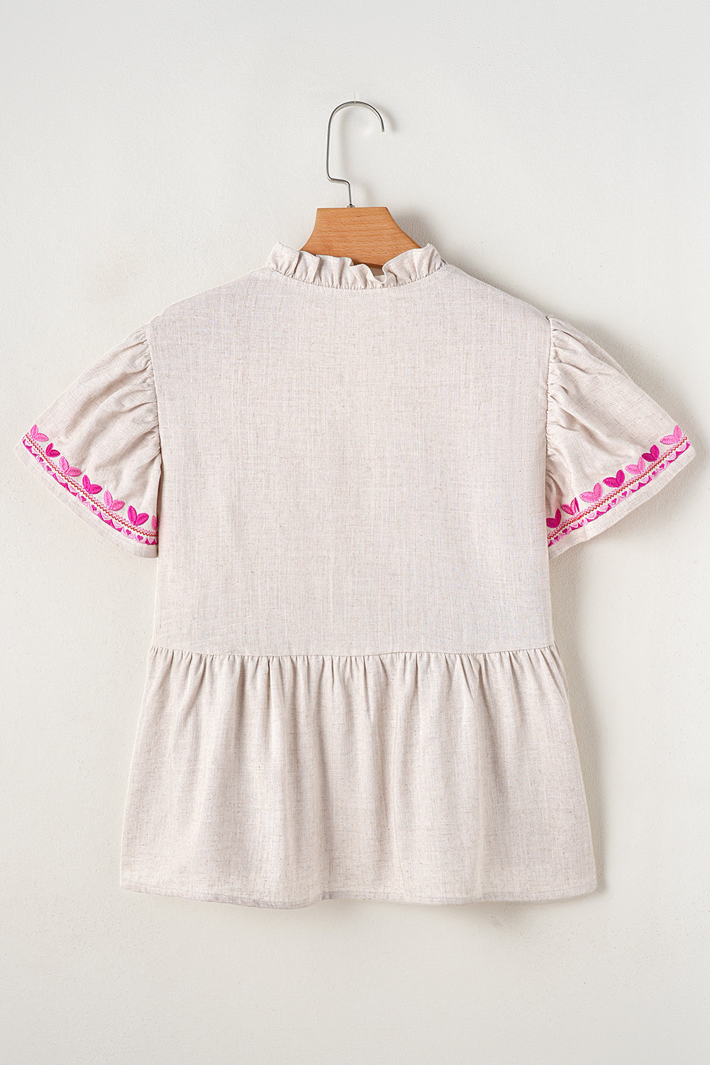 Beige Floral Embroidered Short Sleeve Notched V Neck Blouse