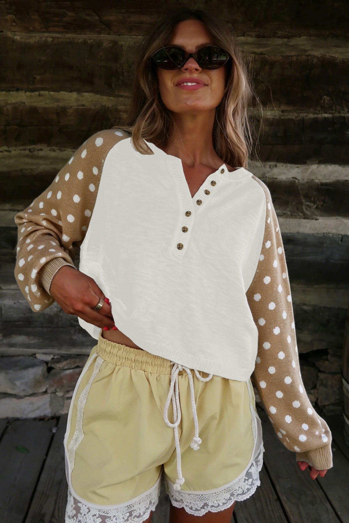 Khaki Polka Dot Contrast Long Sleeve Button V Neck Sweater