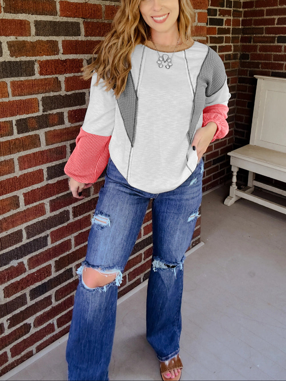 White Contrast Block Mixed Textured Knit Patchwork Casual Top