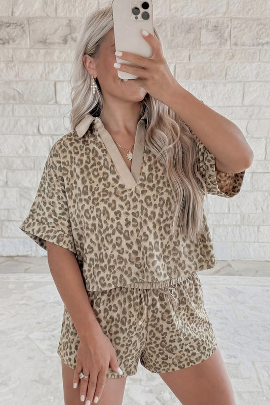 V Neck Collar Leopard Printed 2pcs Short Set