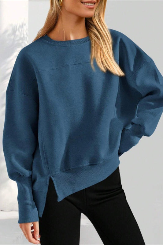 Solid Sweatshirt Casual Oversized Side Slit Pullover