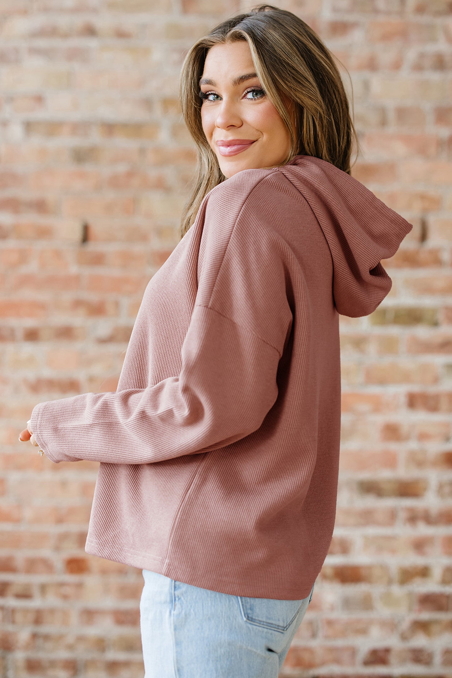 Casual Thermal Textured Lace Drawstring Baggy Hoodie